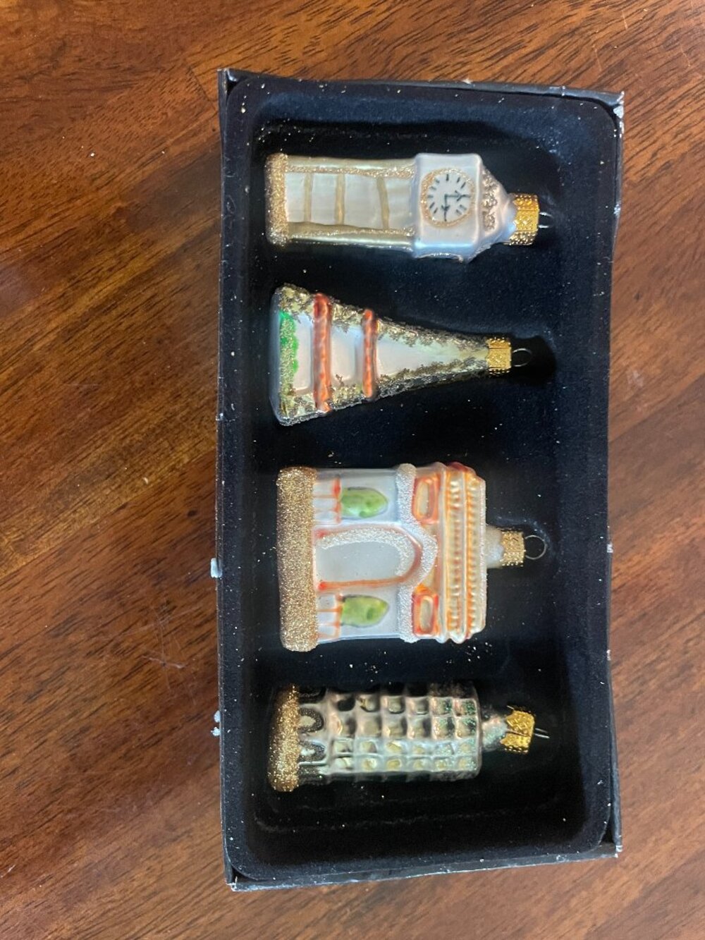 Set of 4 Glass mini Paris Building Ornaments Holiday Gold 2"